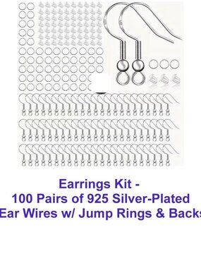 Earrings Kit - 100 Pairs of 925 Silver-Plated Ear Wires w/ Jump Rings & Backs